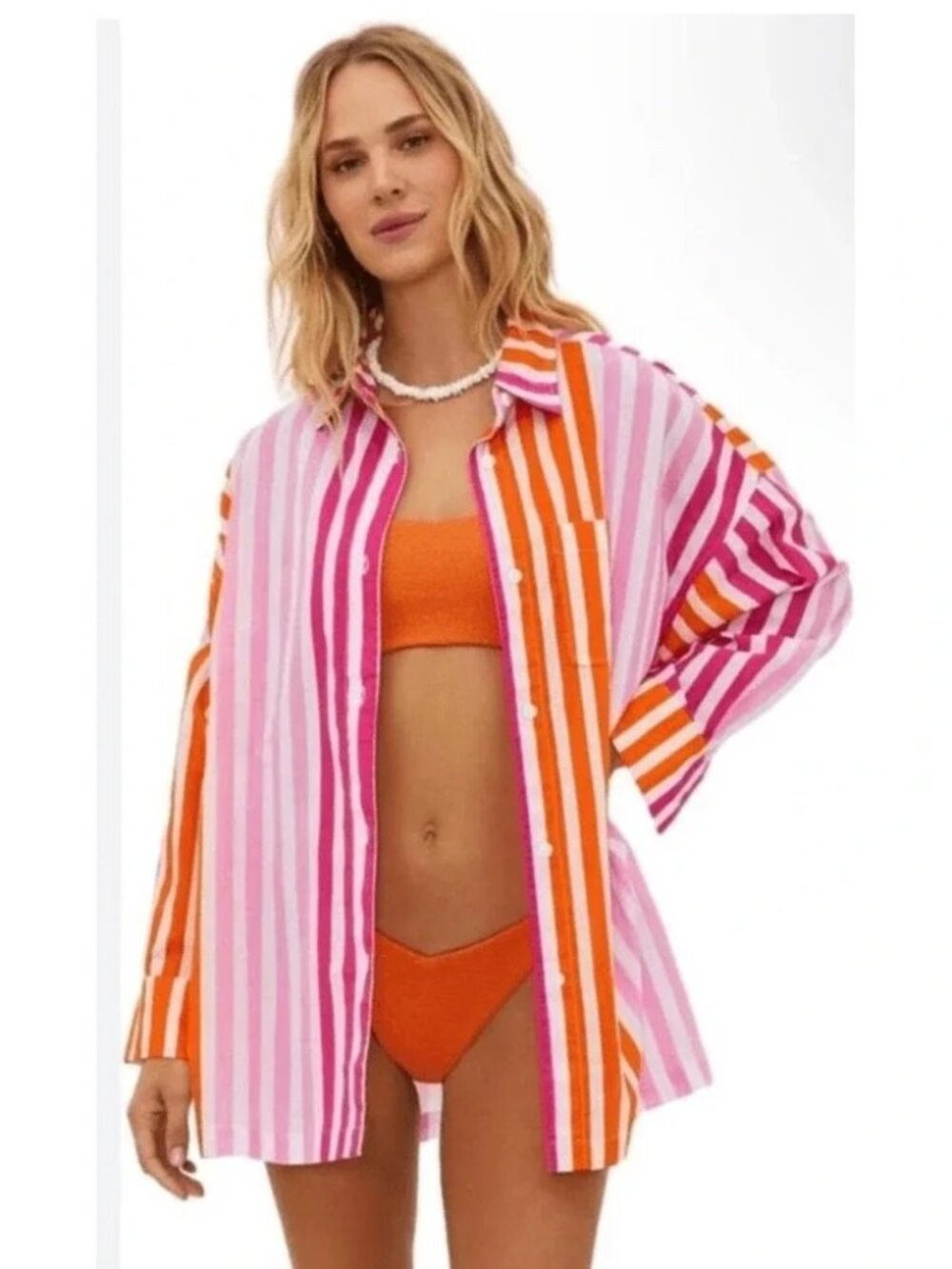 Beach Riot Alexa Striped Button Down‎ Shirt Coverup Size S/M Pink Orange